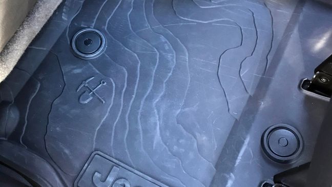 2018 Jeep Wrangler, topographical map of Moab on the floor mats{&nbsp;}(Sinclair Broadcast Group / Jill Ciminillo)