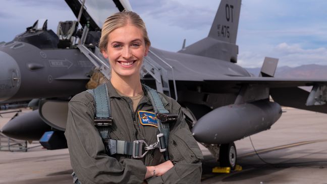 U.S. Air Force 2nd Lt. Madison Marsh, prior to her familiarization flight at Nellis Air Force Base, Nevada, Dec. 19, 2023.{&nbsp;} (U.S. Air Force photo by William R. Lewis)