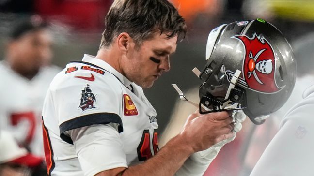 Tampa Bay Buccaneers quarterback Tom Brady (12) walks on the sidelines during the second half of an NFL wild-card football game against the Dallas Cowboys, Monday, Jan. 16, 2023, in Tampa, Fla. (AP Photo/Chris O'Meara)