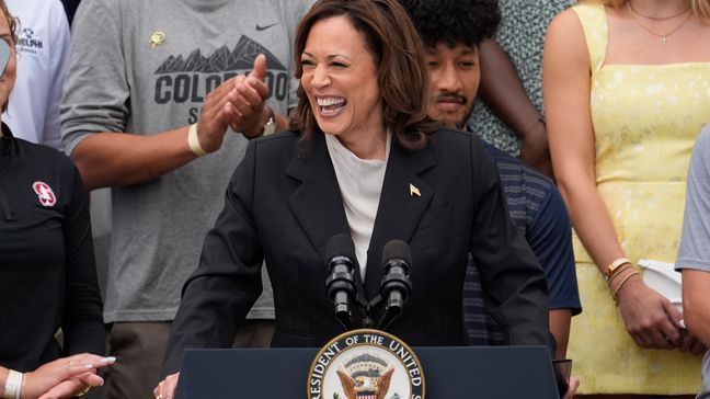 Vice President Kamala Harris speaks from the South Lawn of the White House in Washington, Monday, July 22, 2024, during an event with NCAA college athletes. This is her first public appearance since President Joe Biden endorsed her to be the next presidential nominee of the Democratic Party. (AP Photo/Alex Brandon)