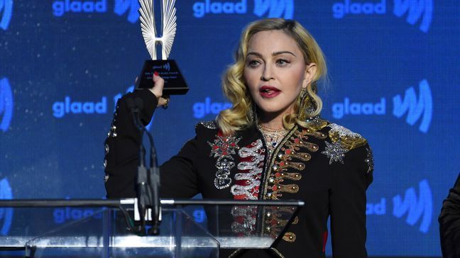 FILE - Honoree Madonna accepts the advocate for change award at the 30th annual GLAAD Media Awards at the New York Hilton Midtown on Saturday, May 4, 2019, in New York. (Photo by Evan Agostini/Invision/AP)