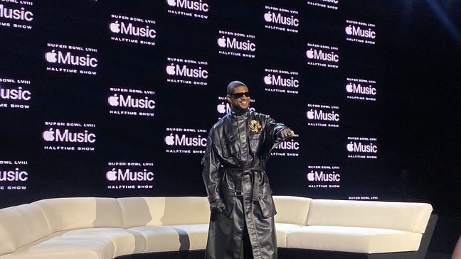 Usher speaks at Apple Music Super Bowl LVIII Halftime Show Press Conference on Thursday, February 8, 2024. (Photo credit: Gabrielle Zabat | KSNV)