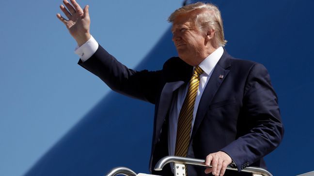 File- President Donald Trump arrives at Moffett Federal Airfield to attend a fundraiser, Tuesday, Sept. 17, 2019, in Mountain View, Calif. (AP Photo/Evan Vucci)