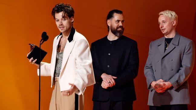 LOS ANGELES, CALIFORNIA - FEBRUARY 05: Harry Styles accepts the Album Of The Year award for “Harry's House”  performs onstage during the 65th GRAMMY Awards at Crypto.com Arena on February 05, 2023 in Los Angeles, California. (Photo by Frazer Harrison/Getty Images)