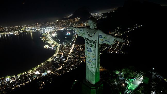 The Christ the Redeemer statue is illuminated with a welcome message for American singer Taylor Swift, in Rio de Janeiro, Brazil, Thursday, Nov. 16, 2023. (AP Photo/Bruna Prado)