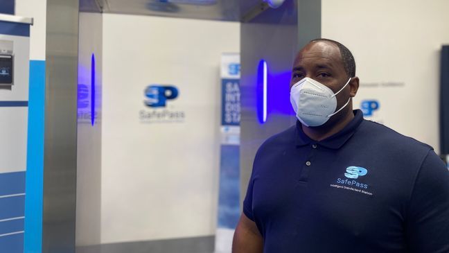 A local entrepreneur has created a walk-through sanitizing machine that he says has caught the eye of the NBA.  (Image: ABC7) 