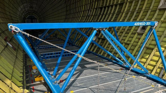 Inside NASA's Super Guppy, a specialized aircraft with a unique hinged nose, on display in Boeing Plaza at EAA AirVenture 2023, July 25, 2023. (WLUK/Lexi Schroeder)