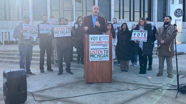 Community members and Democratic leaders rally in Dearborn, Michigan on Feb. 6, 2024, launching the "Listen to Michigan" campaign at the Henry Ford Centennial Library. (James Prince/WWMT)