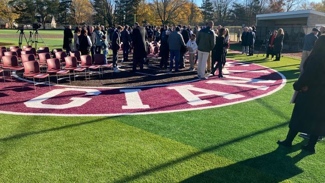 Baseball Hall of Famer Derek Jeter speaks at a podium, Nov. 14, 2023, during the unveiling of Kalamazoo Central's baseball and softball fields. (WWMT)