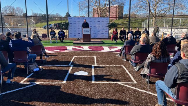 Baseball Hall of Famer Derek Jeter speaks at a podium, Nov. 14, 2023, during the unveiling of Kalamazoo Central's baseball and softball fields. (WWMT)