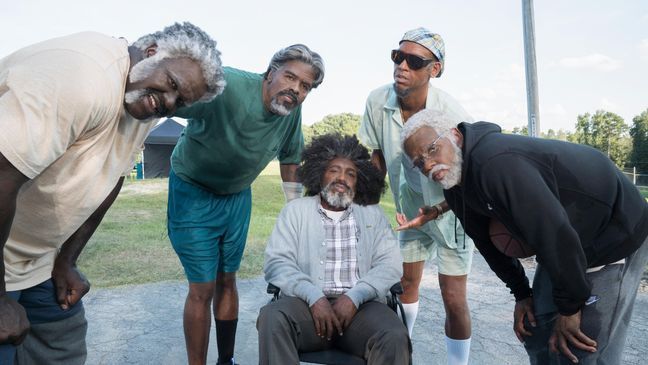 From L to R: Shaquille O'Neal, Chris Webber, Nate Robinson, Reggie Miller and Kyrie Irving on the set of "UNCLE DREW. "(Lionsgate)