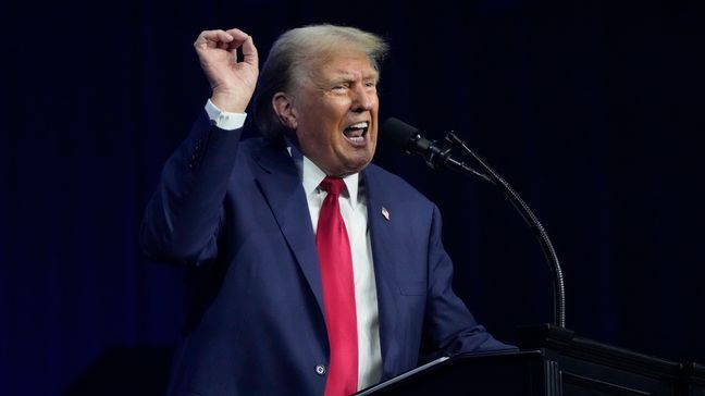 Republican presidential candidate and former President Donald Trump speaks at a campaign event Saturday, June 15, 2024, in Detroit. (AP Photo/Carlos Osorio)