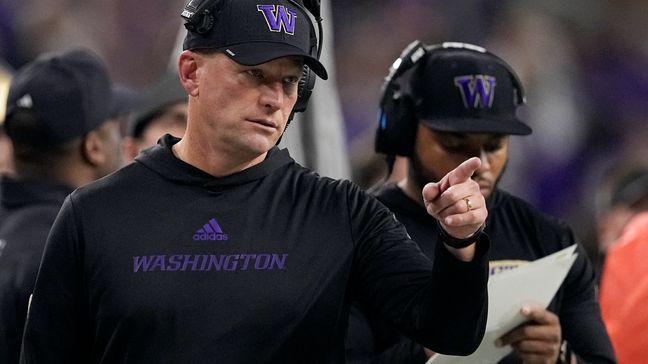 Washington head coach Kalen DeBoer watches during the first half of the national championship NCAA College Football Playoff game against Michigan Monday, Jan. 8, 2024, in Houston. (AP Photo/Eric Gay)