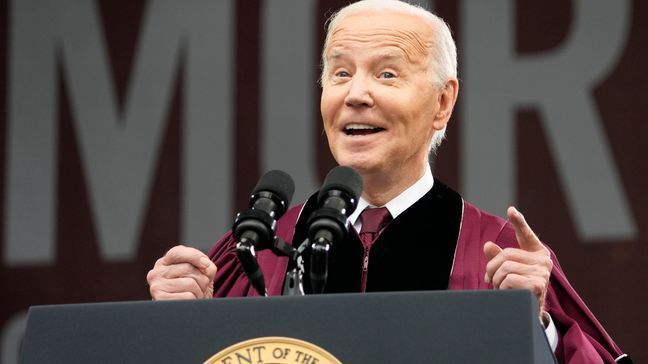 President Joe Biden speaks to graduating students at the Morehouse College commencement Sunday, May 19, 2024, in Atlanta. (AP Photo/Alex Brandon)