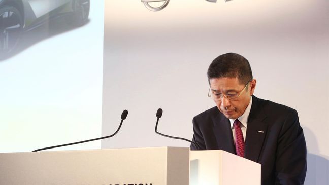 FILE - In this May 14, 2019, file photo, Nissan Motor Co. Chief Executive Hiroto Saikawa bows during a press conference at its Global Headquarters in Yokohama, near Tokyo.. (AP Photo/Koji Sasahara, File)