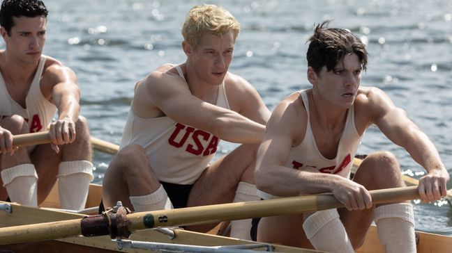 (l-r.) Bruce Herbelin-Earle stars as Shorty Hunt, Callum Turner as Joe Rantz and Jack Mulhern as Don Hume in director{&nbsp;}George Clooney's THE BOYS IN THE BOAT, an Amazon MGM Studios film. Photo credit: Laurie Sparham © 2023 Metro-Goldwyn-Mayer Pictures Inc. All Rights Reserved.