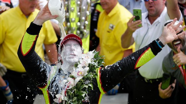 Simon Pagenaud, of France, celebrates after winning the Indianapolis 500 IndyCar auto race at Indianapolis Motor Speedway, Sunday, May 26, 2019, in Indianapolis. (AP Photo/Michael Conroy)