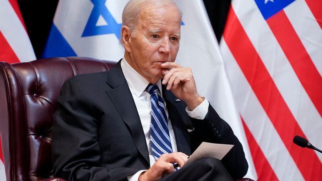 FILE - President Joe Biden listens as he and Israeli Prime Minister Benjamin Netanyahu participate in an expanded bilateral meeting with Israeli and U.S. government officials, Wednesday, Oct. 18, 2023, in Tel Aviv. (AP Photo/Evan Vucci, File)