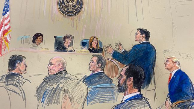 This artist sketch depicts former President Donald Trump, seated right, listening as his attorney D. John Sauer, standing, speaks before the D.C. Circuit Court of Appeals at the federal courthouse, Tuesday, Jan. 9, 2024 in Washington. (Dana Verkouteren via AP)