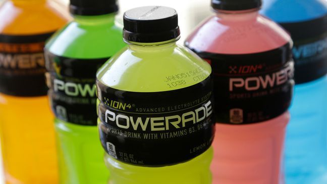 FILE - In this Monday, May 5, 2014, file photo, various flavors of Powerade, a Coca-Cola brand, are photographed in San Francisco. (AP Photo/Jeff Chiu, File)