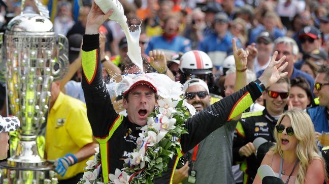 Simon Pagenaud, of France, celebrates after winning the Indianapolis 500 IndyCar auto race at Indianapolis Motor Speedway, Sunday, May 26, 2019, in Indianapolis. (AP Photo/Darron Cummings)