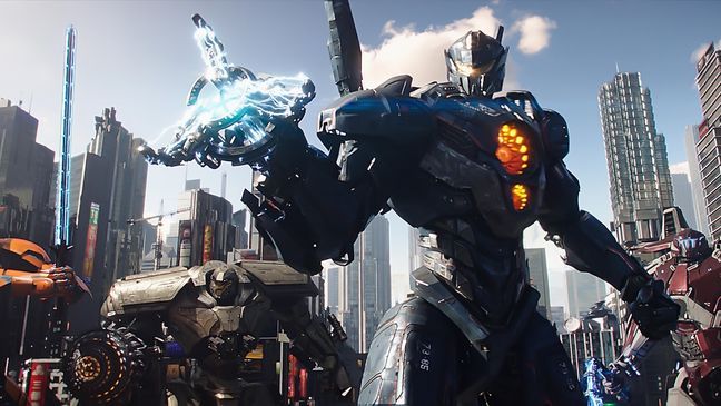 (L to R) Jaeger mechs Saber Athena, Bracer Phoenix, Gipsy Avenger and Guardian Bravo in "Pacific Rim: Uprising."  The globe-spanning conflict between otherworldly monsters of mass destruction and the human-piloted super-machines built to vanquish them was only a prelude to the all-out assault on humanity. (Universal Pictures)