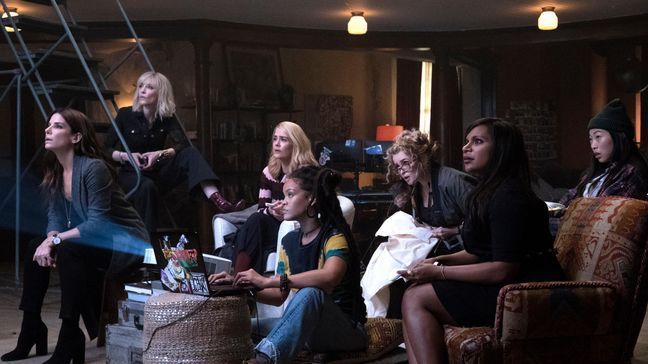 (L-R) SANDRA BULLOCK as Debbie Ocean, CATE BLANCHETT as Lou, SARAH PAULSON as Tammy, RIHANNA as Nine Ball, HELENA BONHAM CARTER as Rose, MINDY KALING as Amita and AWKWAFINA as Constance in Warner Bros. Pictures' and Village Roadshow Pictures' "OCEANS 8," a Warner Bros. Pictures release.{&nbsp;}(Barry Wetch / Warner Bros.)