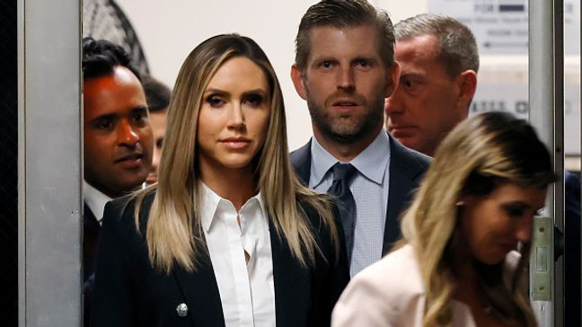 NEW YORK, NEW YORK - MAY 14: Lara Trump and Eric Trump return to the courtroom after a break during former U.S. President Donald Trump hush money trial at Manhattan Criminal Court on May 14, 2024 in New York City. Michael Cohen, former President Donald Trump's former attorney will continue with direct questioning by the prosecution, then face cross examination by the defense. Cohen's $130,000 payment to Stormy Daniels is tied to Trump's 34 felony counts of falsifying business records in the first of his criminal cases to go to trial.  (Photo by Michael M. Santiago/Getty Images)