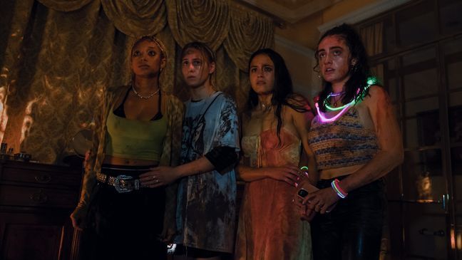 (L-R) Amandla Stenberg, Maria Bakalova, Chase Sui Wonders, Rachel Sennott in Bodies Bodies Bodies (Photo: Erik Chakeen, A24){&nbsp;}