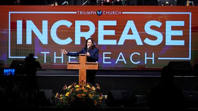 FILE - Democratic vice presidential candidate Sen. Kamala Harris, D-Calif., speaks at Triumph Church, Sunday, Oct. 25, 2020, in Southfield, Mich. (AP Photo/Carlos Osorio, File)