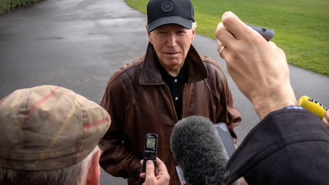 President Joe Biden speaks to reporters as he leaves the White House to go to the Camp David presidential retreat, near Thurmont, Md., Saturday, Jan. 13, 2024, in Washington. (AP Photo/Mark Schiefelbein)