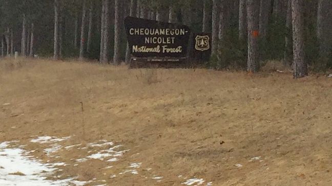 Chequamegon Nicolet National Forest sign near Mountain, Wis., Monday, March 6, 2017. (WLUK/Eric Peterson)