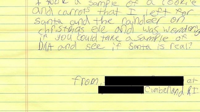 {p}Cumberland police said they received this letter from a young resident asking them to test a cookie for Santa Claus's DNA. (Photo: Cumberland Police Department){/p}