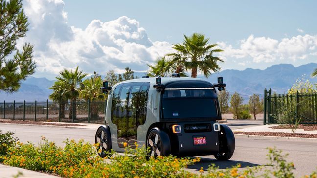 A robotaxi from Zoox drives down a street in Las Vegas in this provided photo. (Courtesy Zoox)