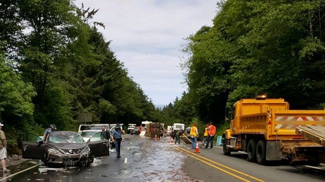 Eel truck overturns on Highway 101 (Photo: Oregon State Police)