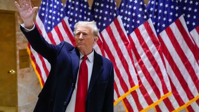 FILE - Former President Donald Trump waves to supporters during a news conference, Wednesday, Jan. 17, 2024, in New York. (AP Photo/Frank Franklin II)