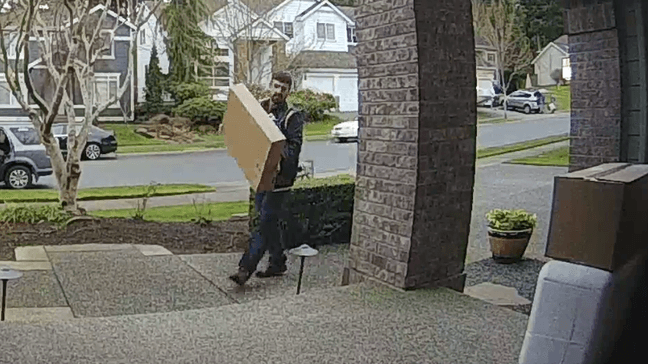 Mill Creek Police are asking people to watch out for a package thief who is posing as a delivery man. (Photos: still image from security video)