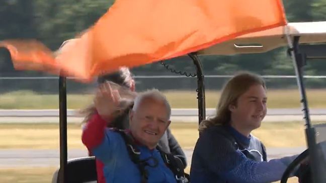 91-year-old John Finnie is seen skydiving on June 24, 2023, as friends, family cheer the Air Force veteran on. (SBG)